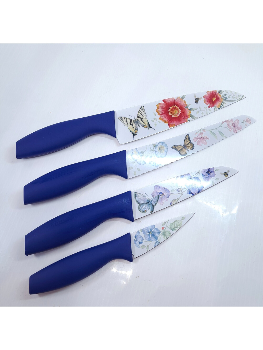 Lenox knife set Butterfly Meadow 4 piece flowers blue handle chef's serrated